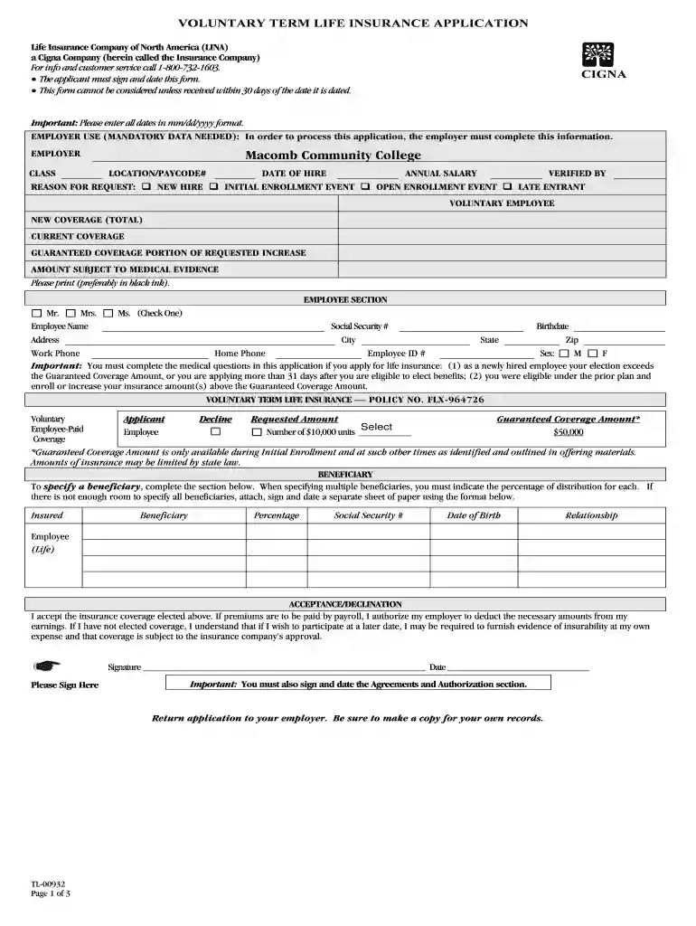Cigna Voluntary Term Life Insurance Enrollment Form Preview on Page 1
