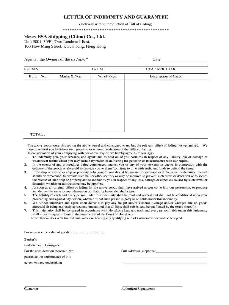 letter of indemnity shipping sample Preview on Page 1