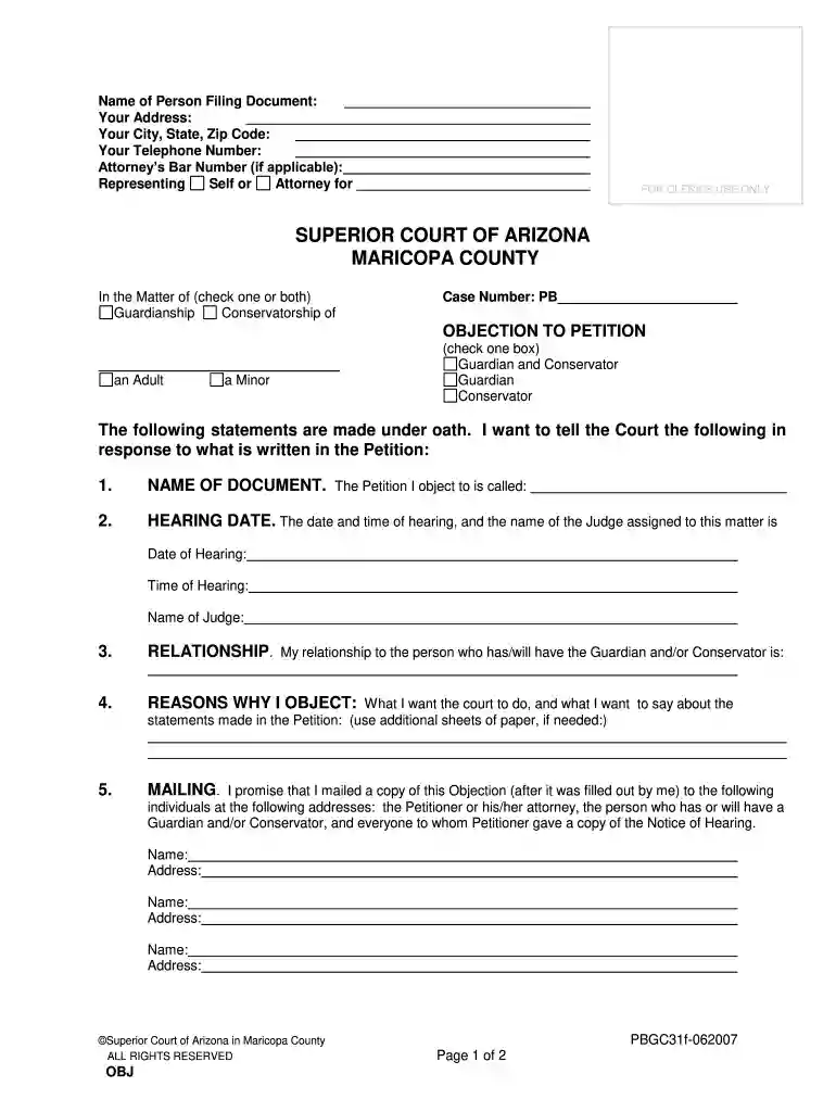 Objection to Petition - Superior Court - Maricopa County - superiorcourt maricopa Preview on Page 1