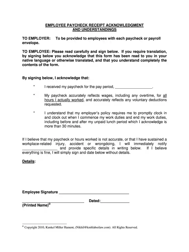 final paycheck acknowledgement form Preview on Page 1