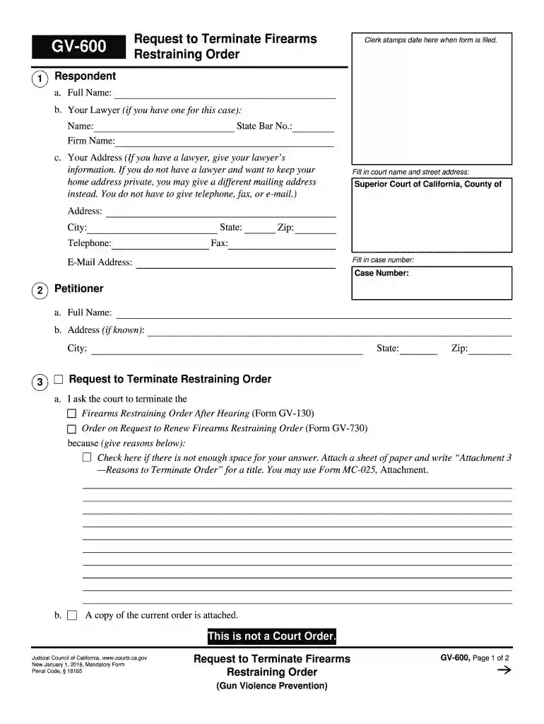 GV-600 Request to Terminate Firearms Restraining Order. Judicial Council forms - courts ca Preview on Page 1