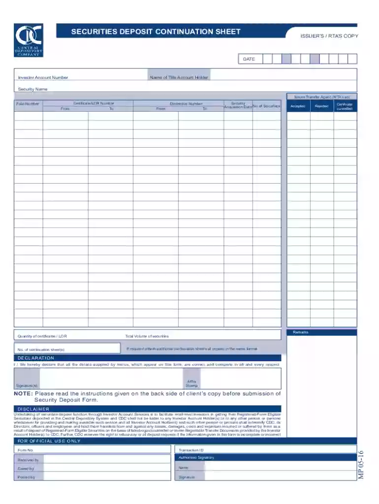 PK CDC Securities Deposit Continuation Sheet Preview on Page 1