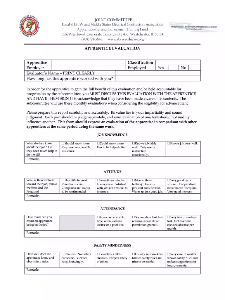 electrical apprentice evaluation form Preview on Page 1