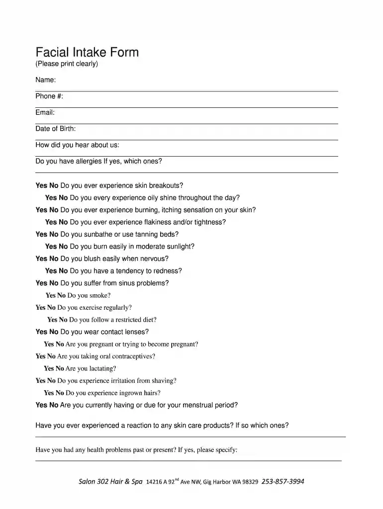 facial intake form Preview on Page 1