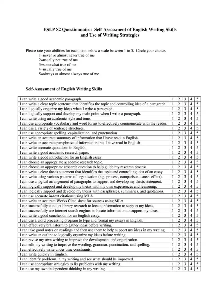 writing skills survey questionnaire pdf Preview on Page 1