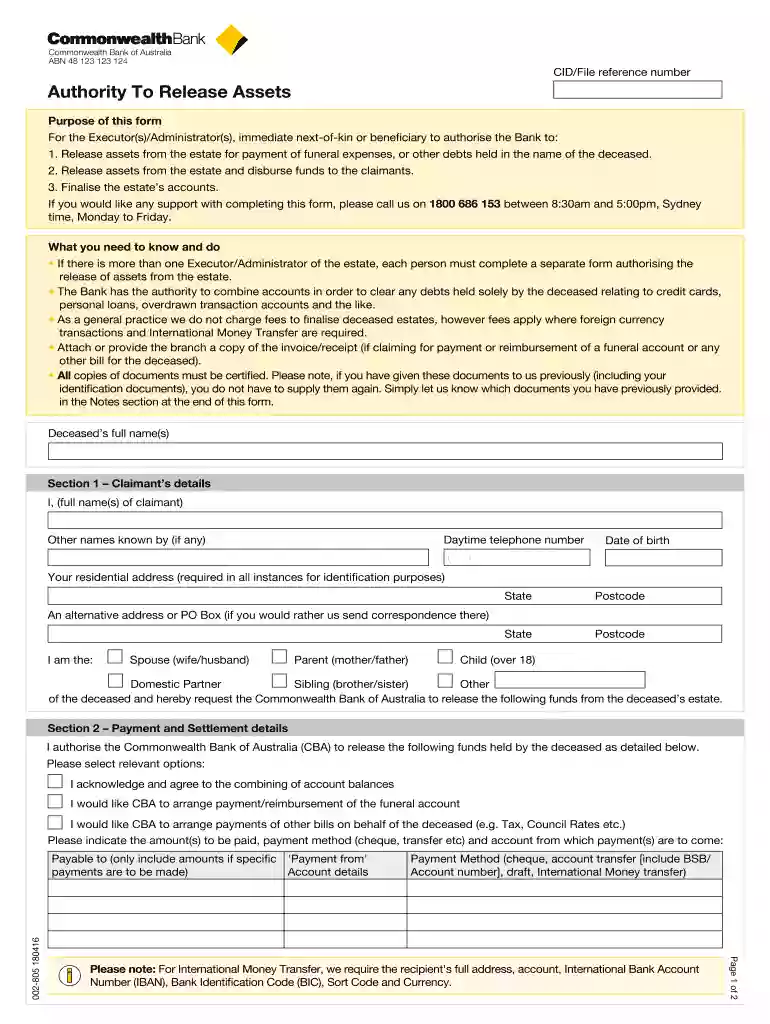 cba authority to release assets Preview on Page 1