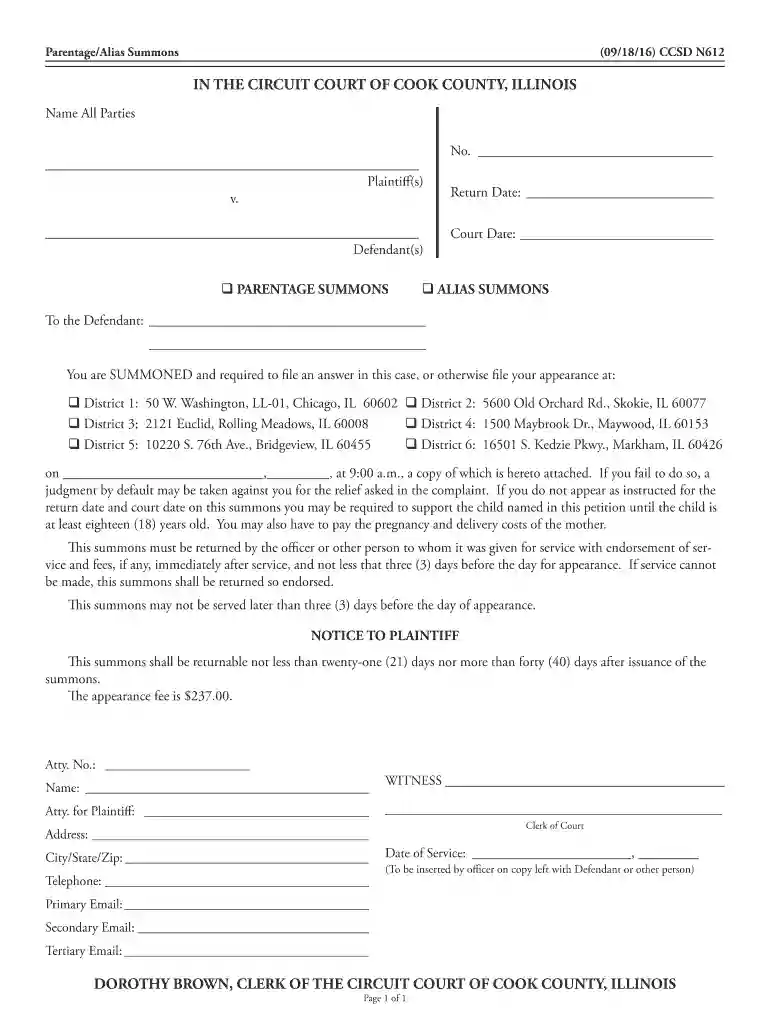 Parentage Alias Summons Preview on Page 1