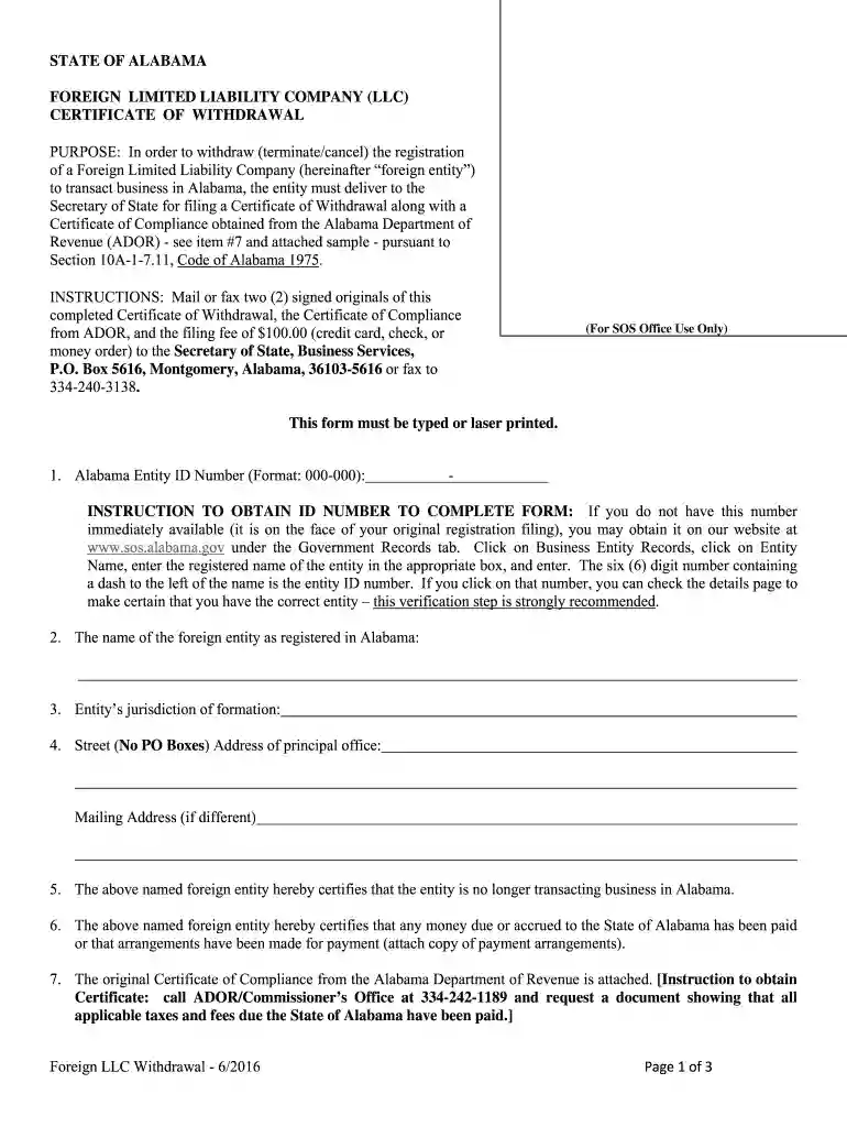 CERTIFICATE OF WITHDRAWAL Foreign LLC Withdrawal - 6/2016 ... - sos alabama Preview on Page 1