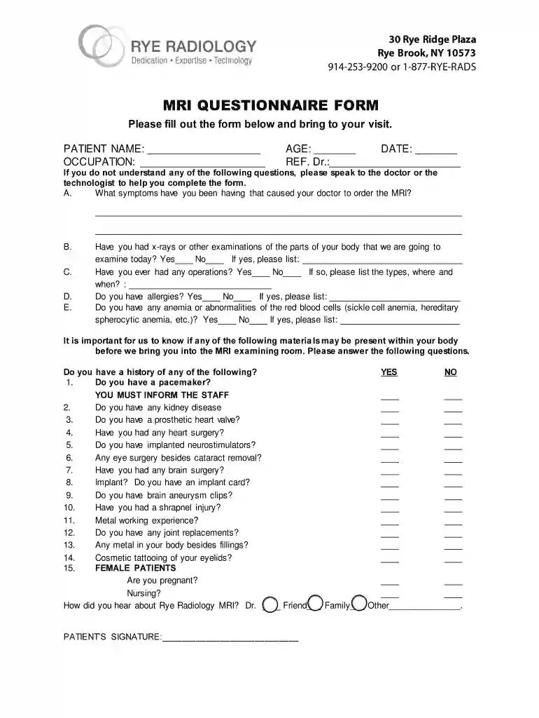 MRI QUESTIONNAIRE FORM Preview on Page 1