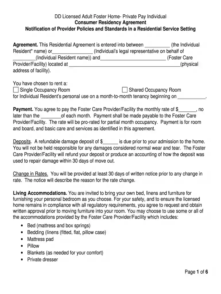 DD Adult Foster Care Residency Agreement for private-pay individuals- handwritten version- 2-2016 - oregon Preview on Page 1
