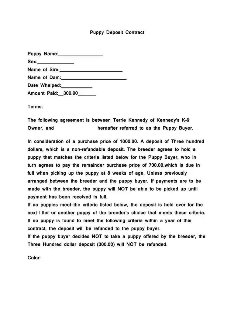 puppy deposit contract Preview on Page 1
