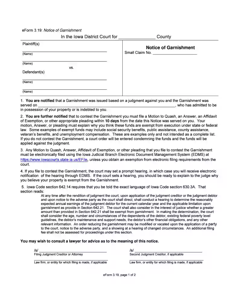 iowa notice garnishment Preview on Page 1