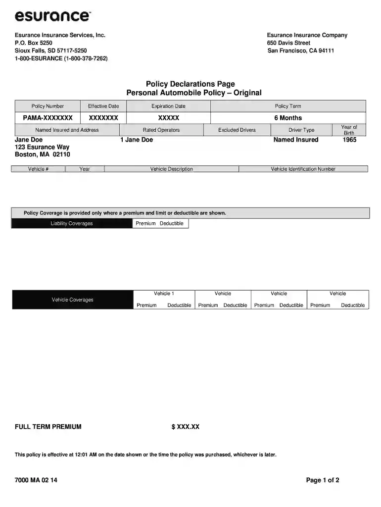esurance policy number format Preview on Page 1