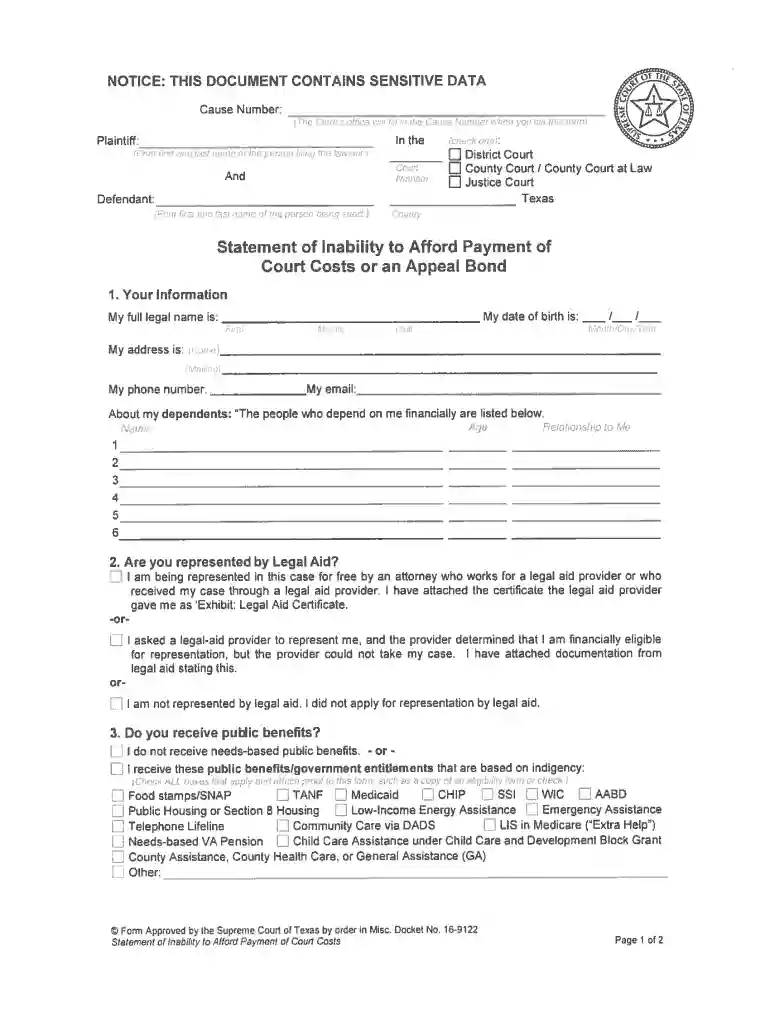 affidavit of inability to pay costs on appeal Preview on Page 1