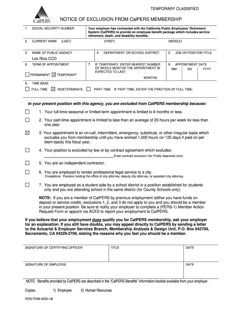 notice of exclusion from calpers membership Preview on Page 1