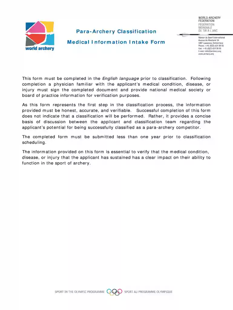 medical intake for paraarchery form Preview on Page 1