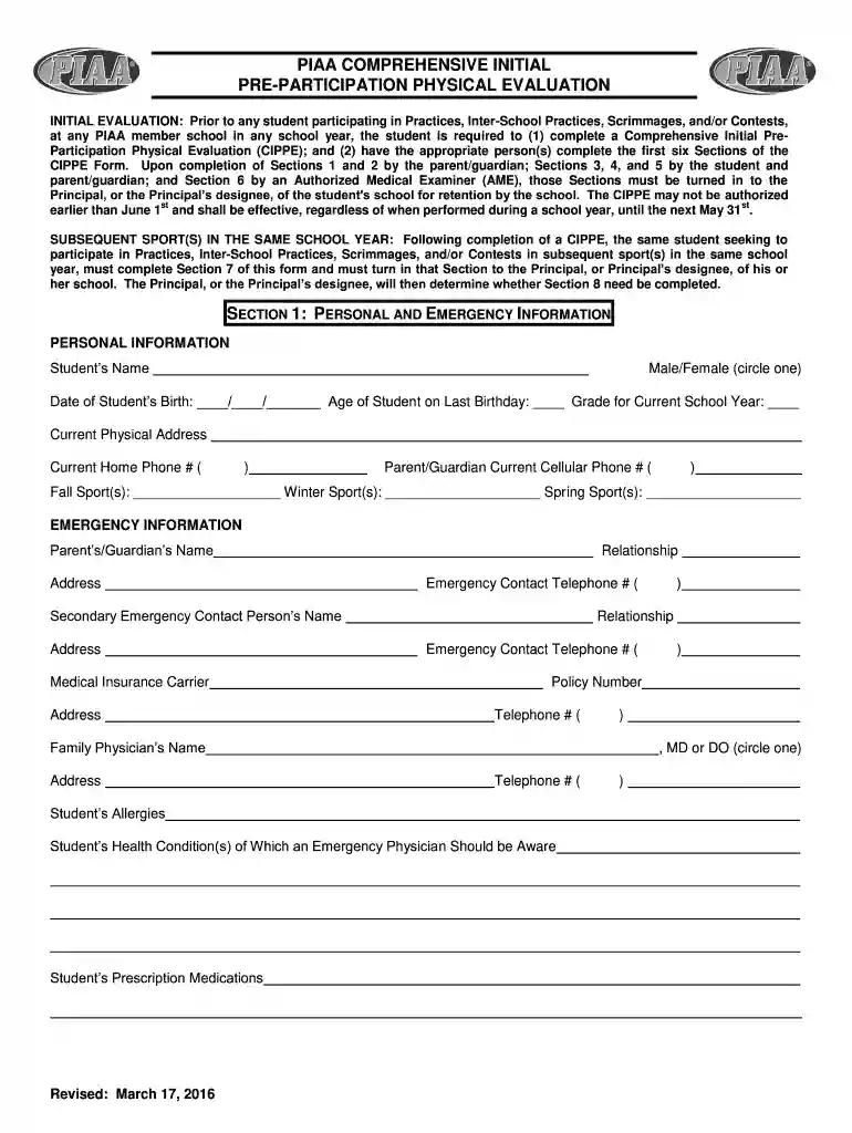 piaa physical form Preview on Page 1
