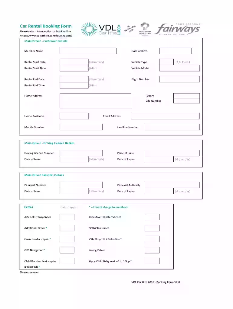 car rental booking form template Preview on Page 1