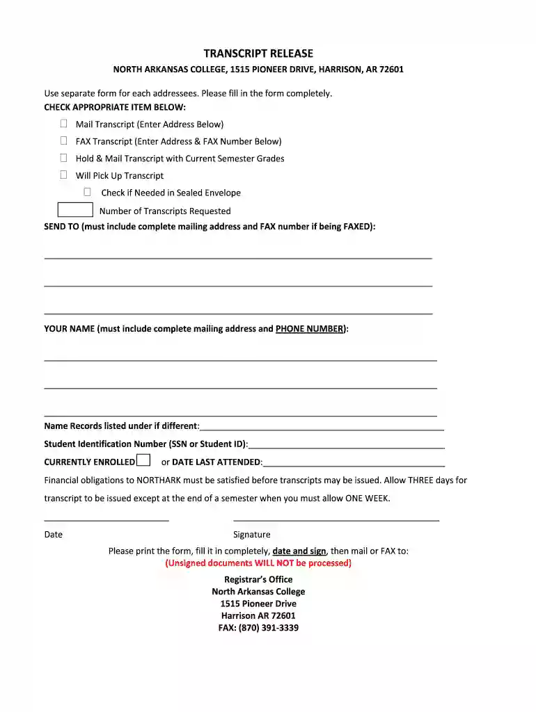 north arkansas college transcript request Preview on Page 1