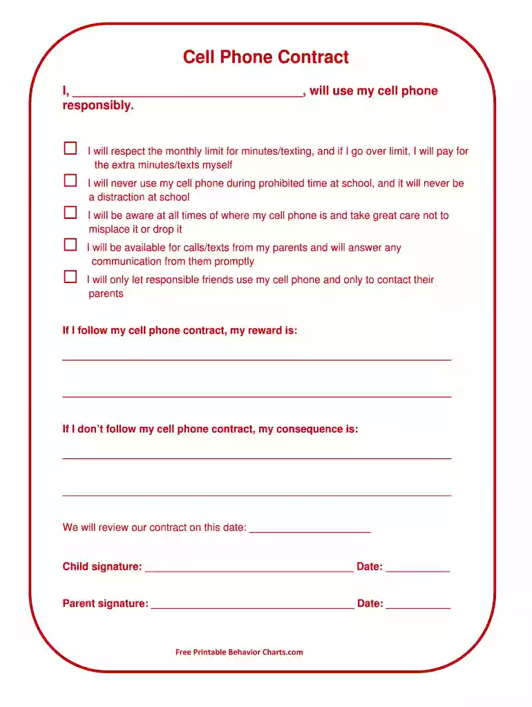 cell phone contract - Free Behavior Charts, Free Chore Preview on Page 1