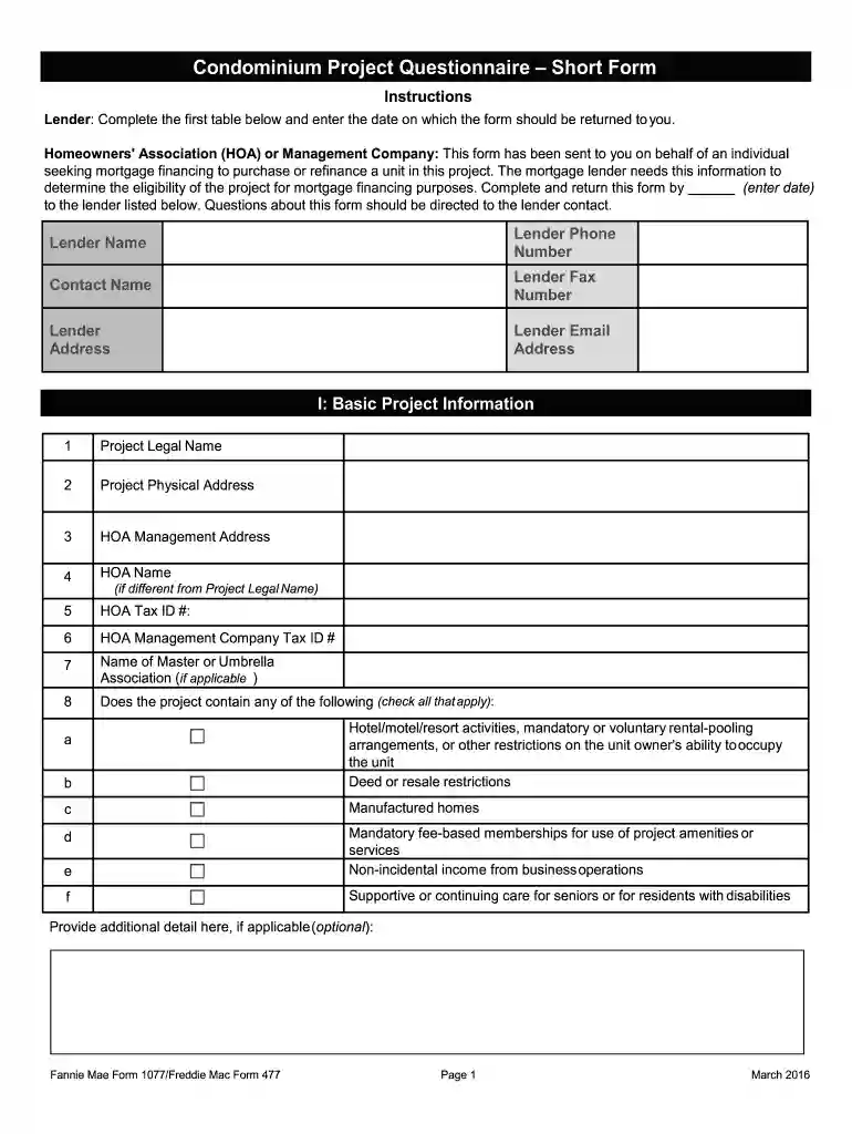 condo questionnaire short form Preview on Page 1