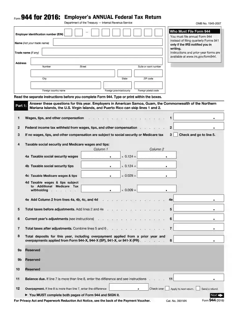form 944 for 2016 Preview on Page 1