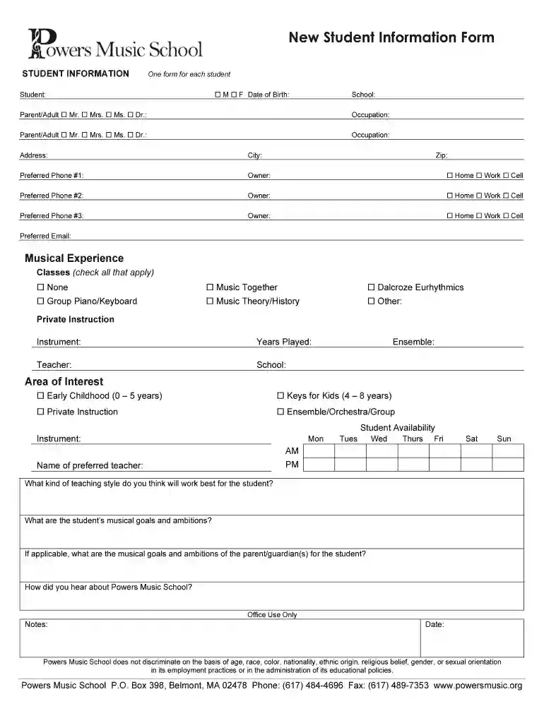 student information form Preview on Page 1