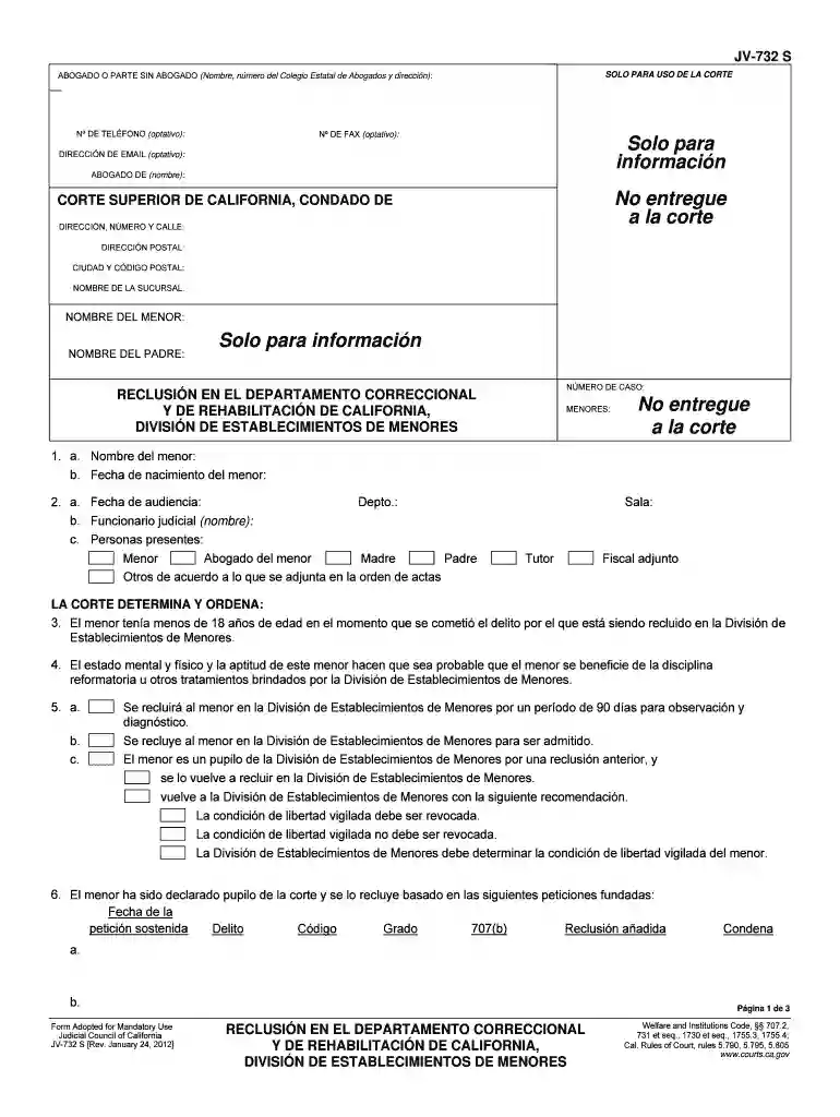 JV-732 S Commitment to the California Department of Corrections and Rehabilitation, Division of Juvenile Facilities (Spanish). Judicial Council forms - courts ca Preview on Page 1