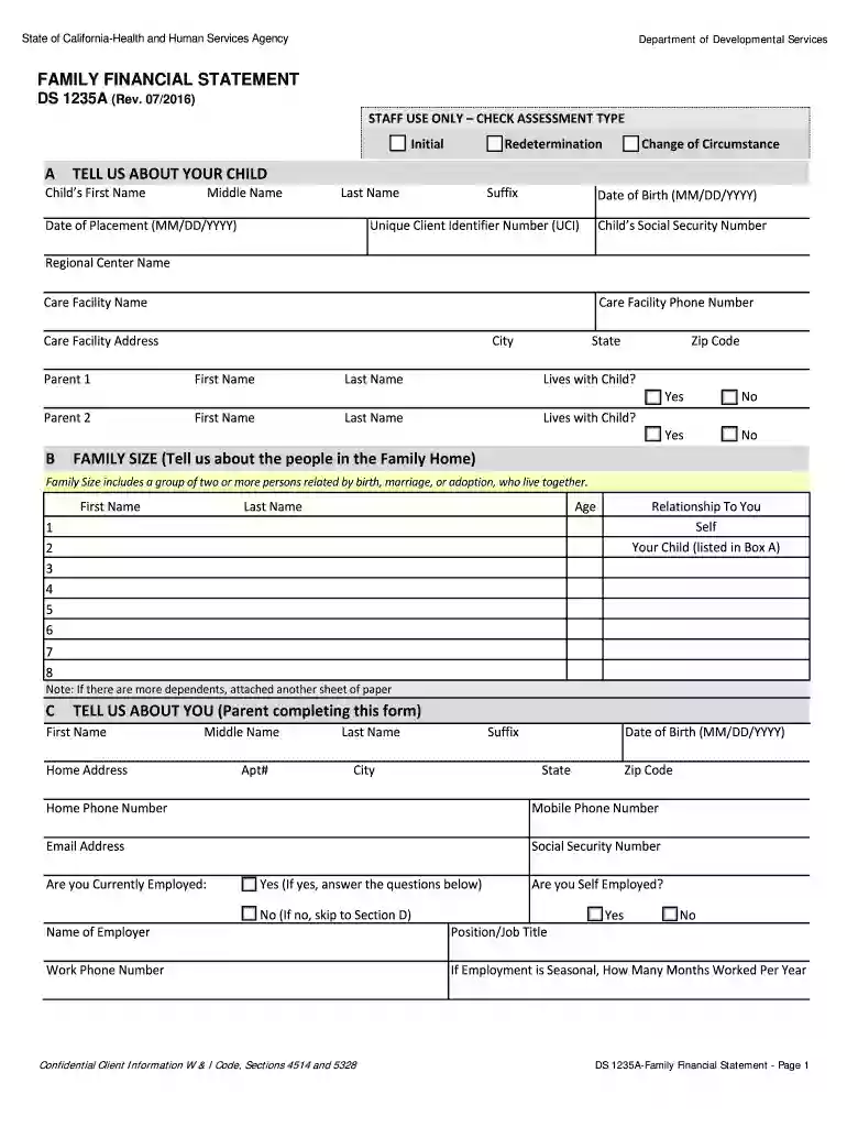 DS 1235A - Family Financial Statement. Parental Fee, Family Financial Statement - dds ca Preview on Page 1