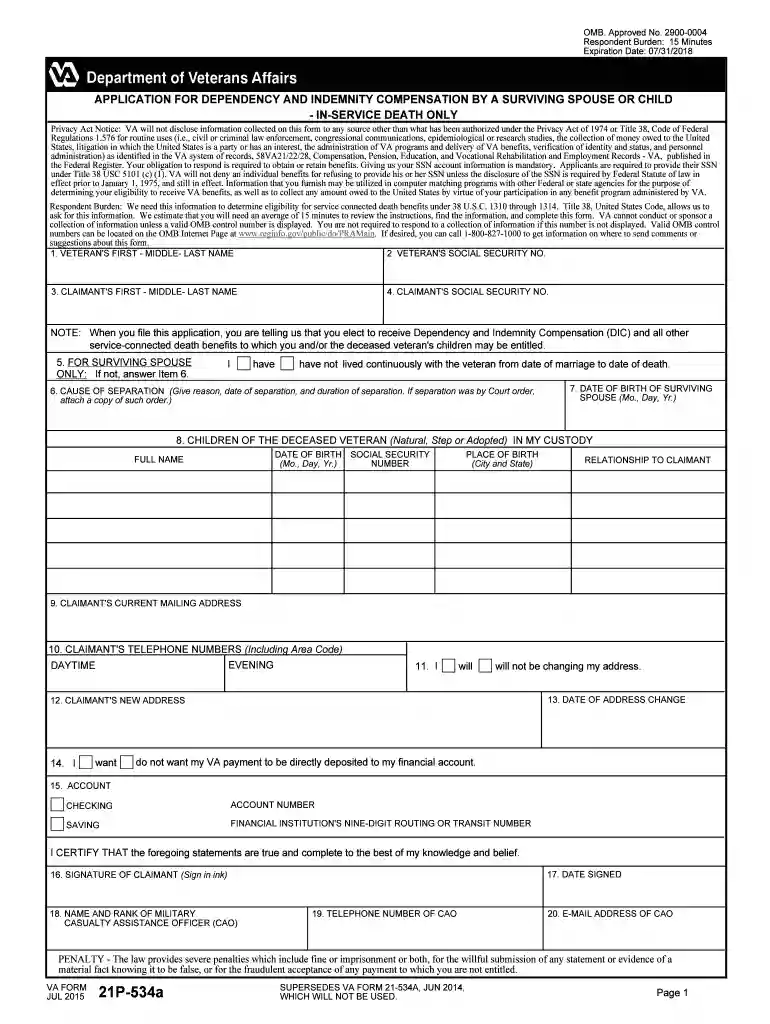 21P-534a Application for Dependency and Indemnity Compensation by a Surviving Spouse or Child - In S Preview on Page 1