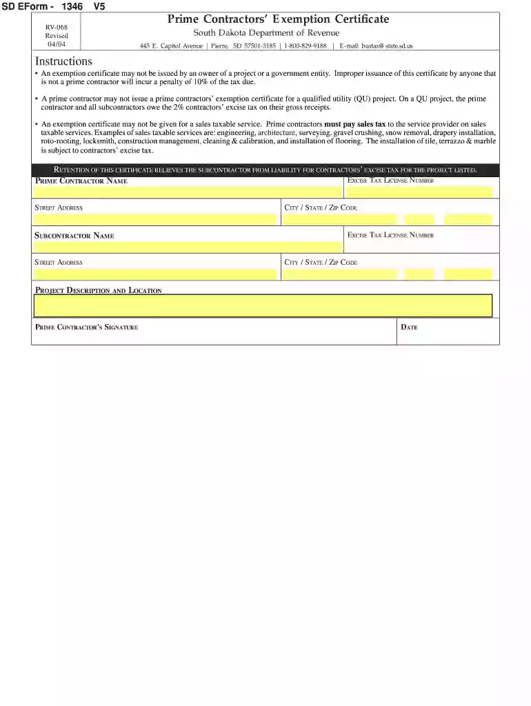 south dakota prime contractors exemption certificate Preview on Page 1