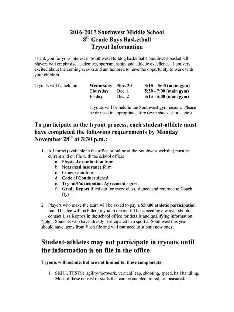 basketball tryout letter sample Preview on Page 1