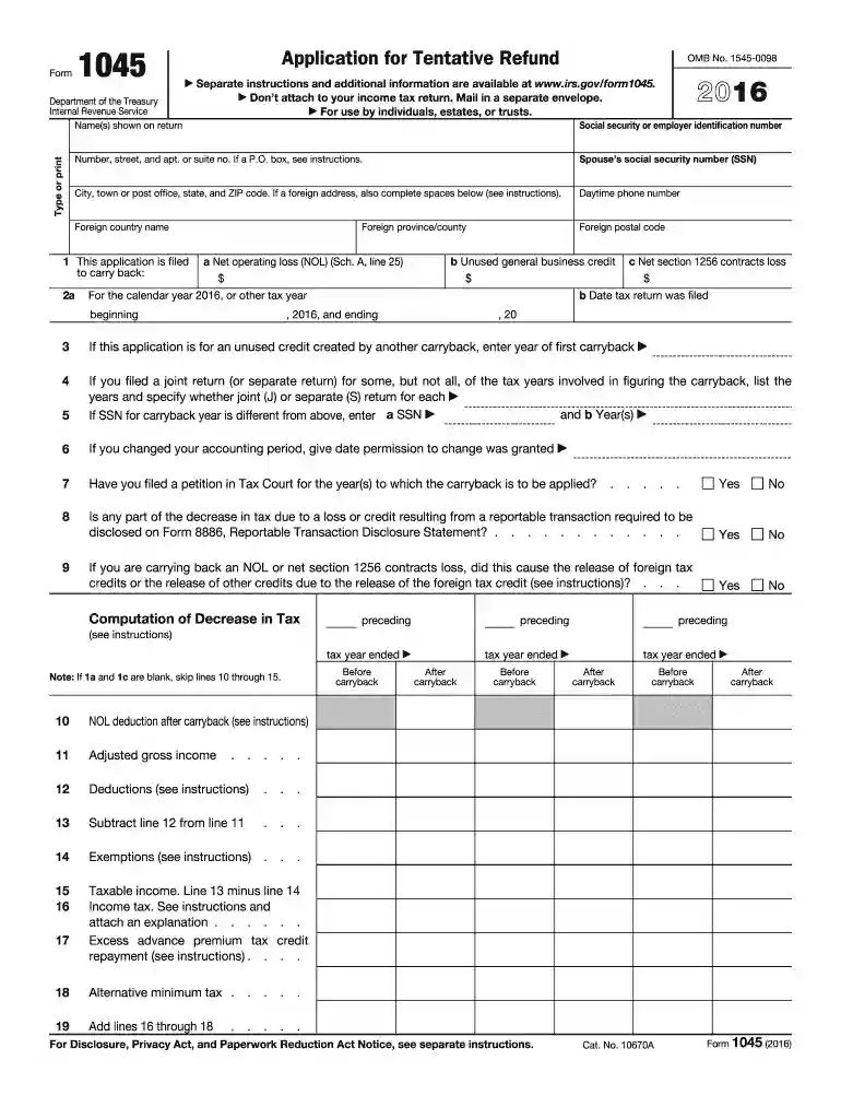 2016 form 1045 Preview on Page 1