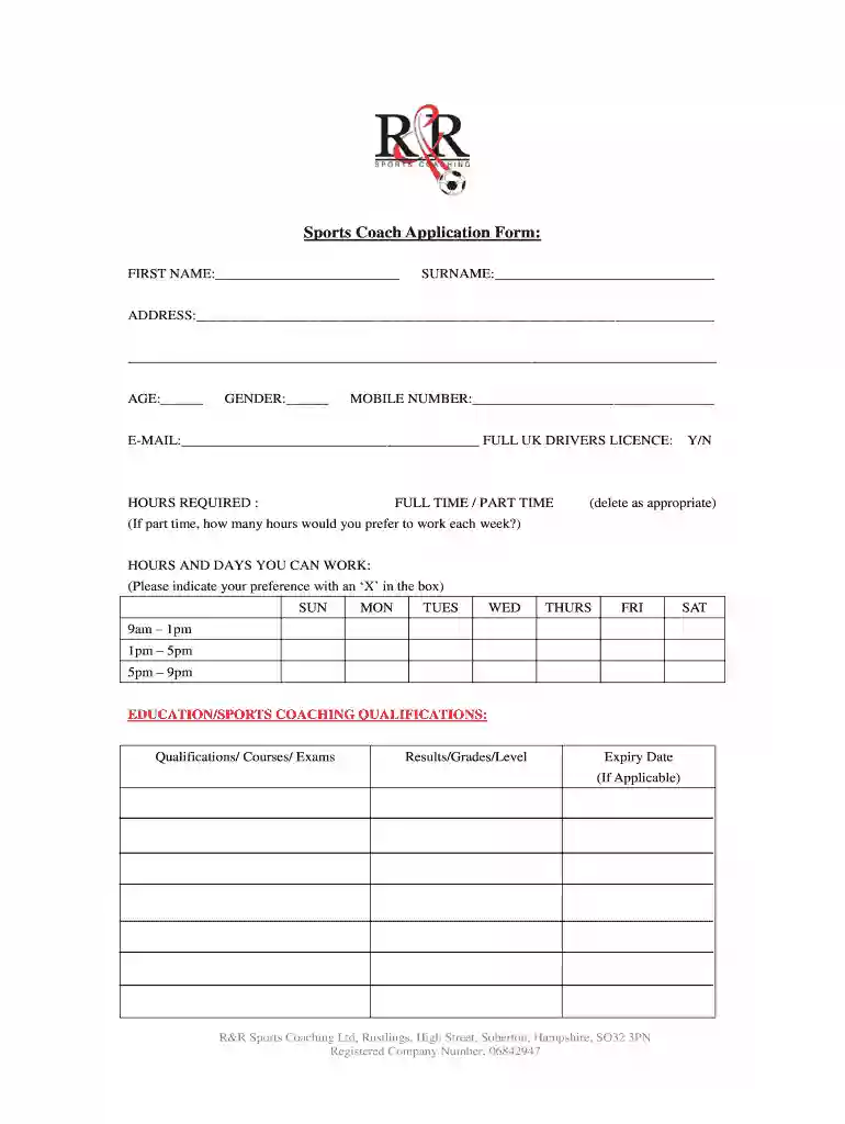 sports coach application form Preview on Page 1