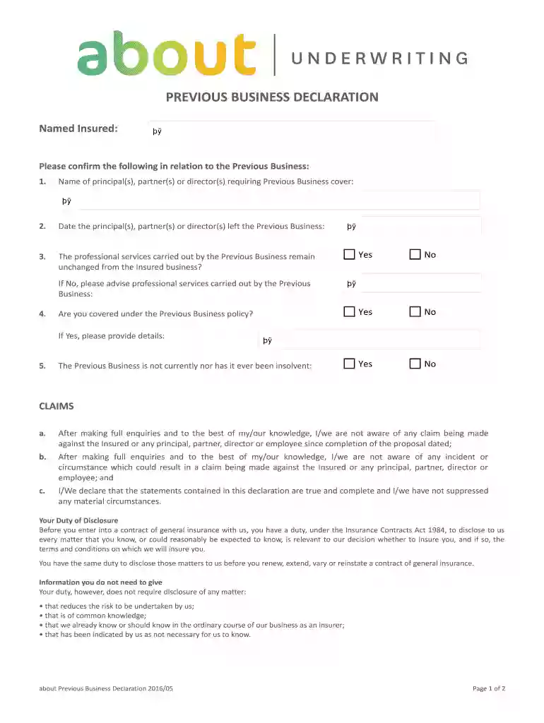 PREVIOUS BUSINESS DECLARATION Preview on Page 1