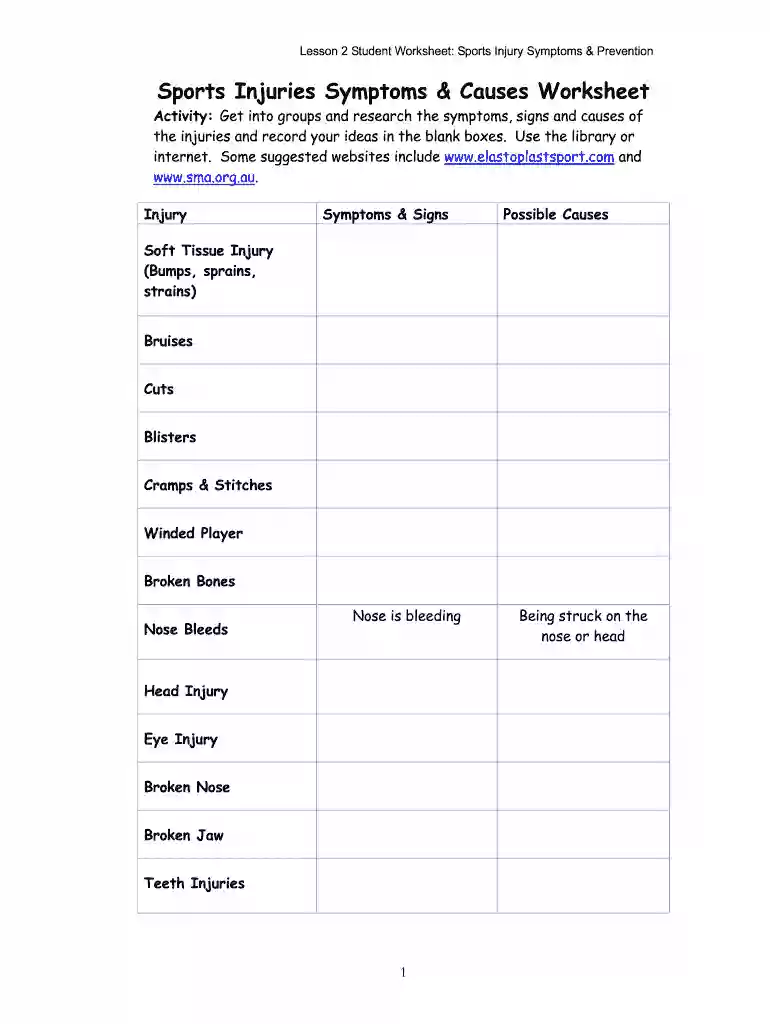 sports injuries worksheet Preview on Page 1