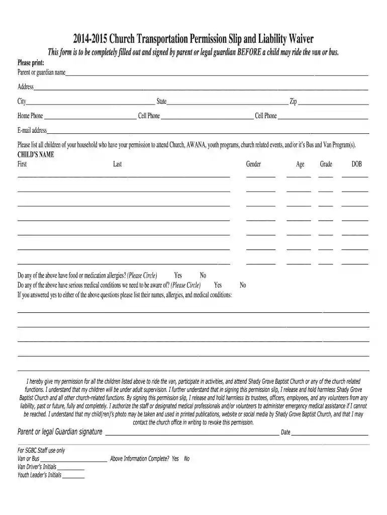 2014-2015 Church Transportation Permission Slip and Liability Waiver Preview on Page 1