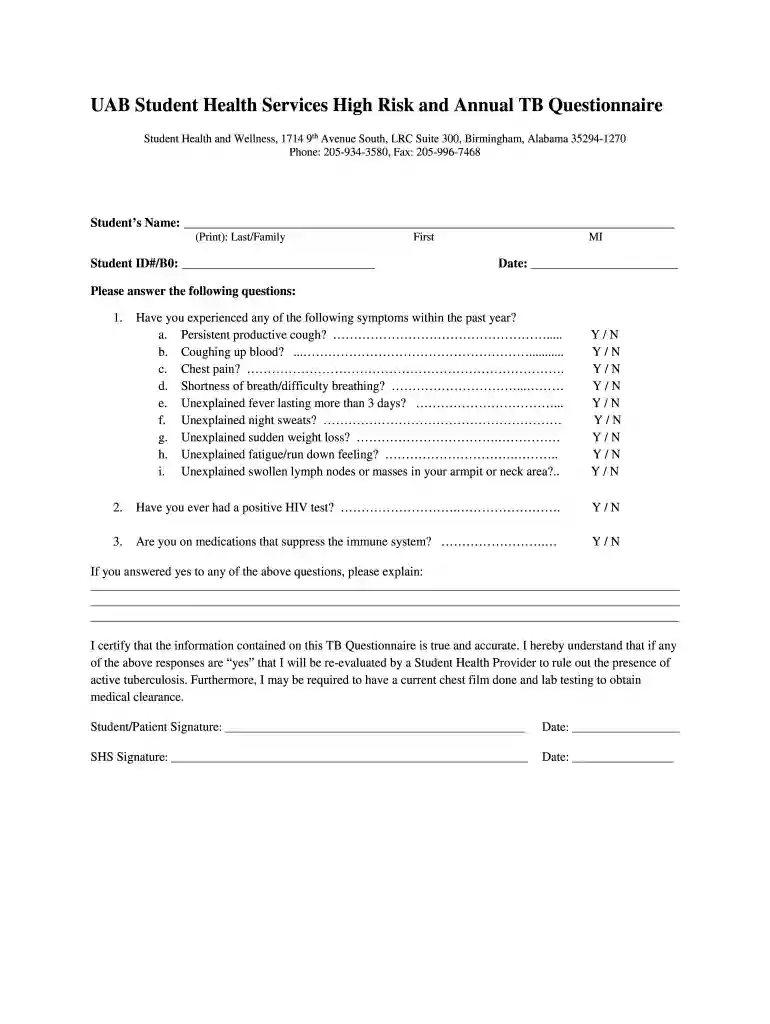 tb questionnaire form cdc Preview on Page 1