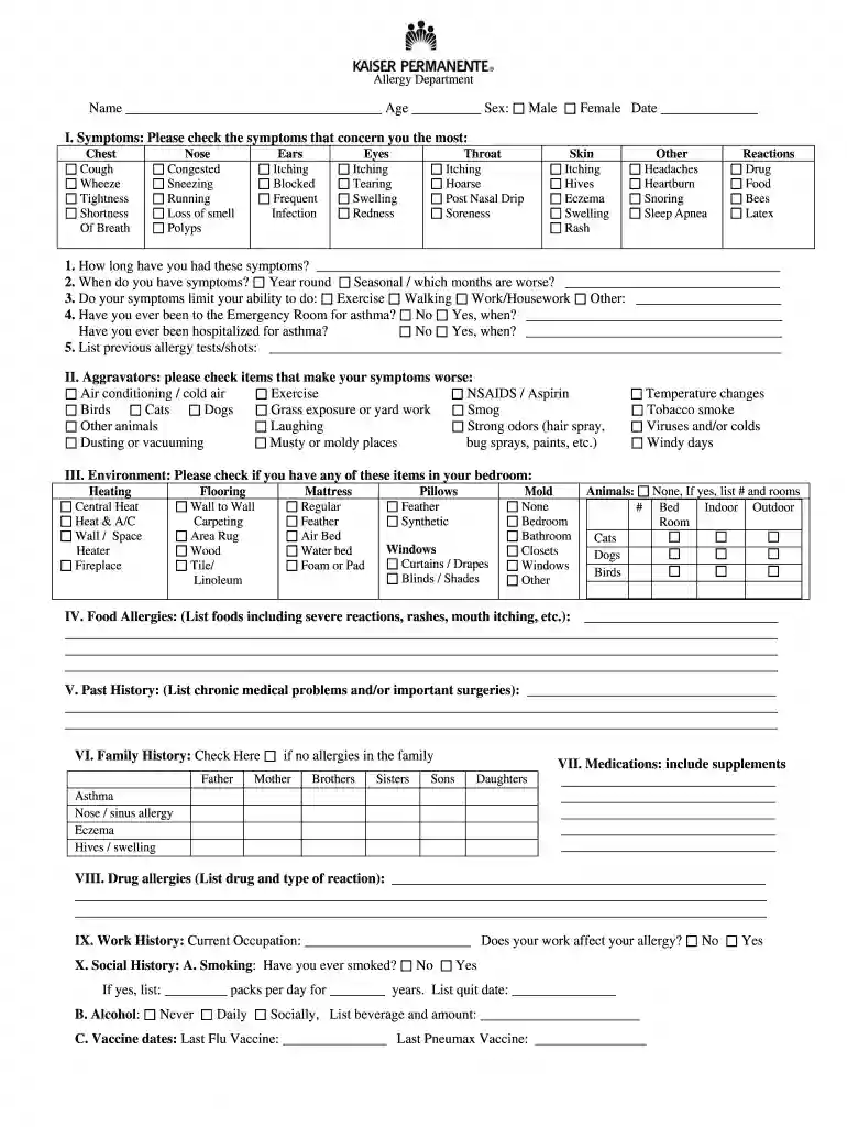 Allergy Questionnaire - Kaiser Permanente - mydoctor kaiserpermanente Preview on Page 1