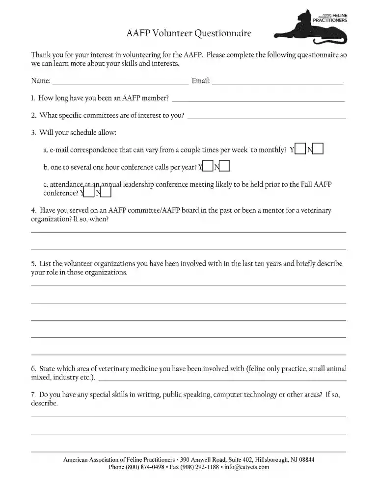 AAFP Volunteer Questionnaire - catvets Preview on Page 1