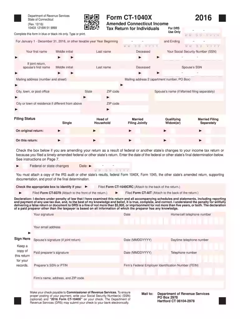 ct 1040x 2016 form Preview on Page 1