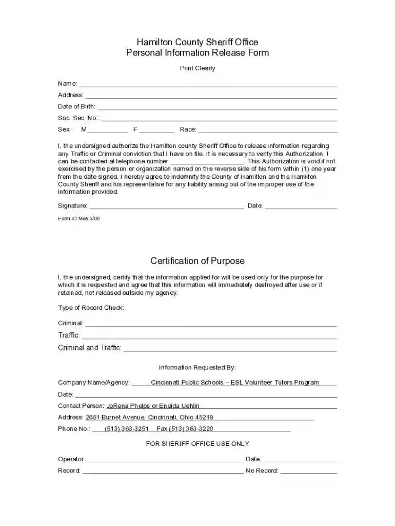 Hamilton County Personal Information Release Form Preview on Page 1