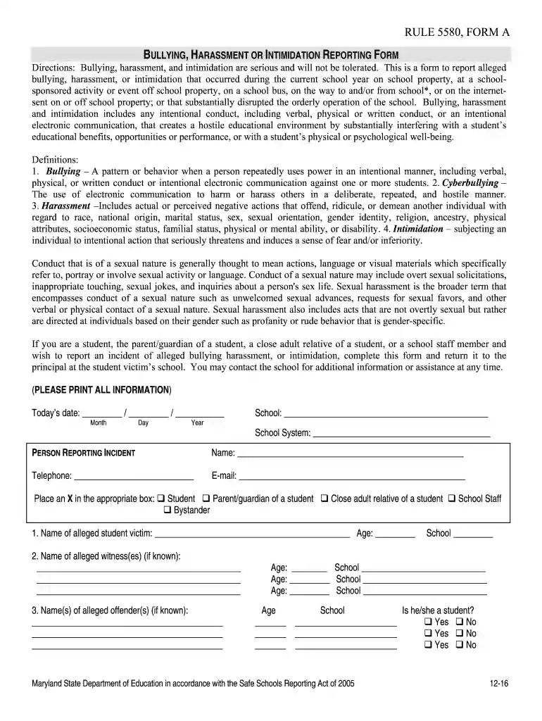 bcps bullying form Preview on Page 1