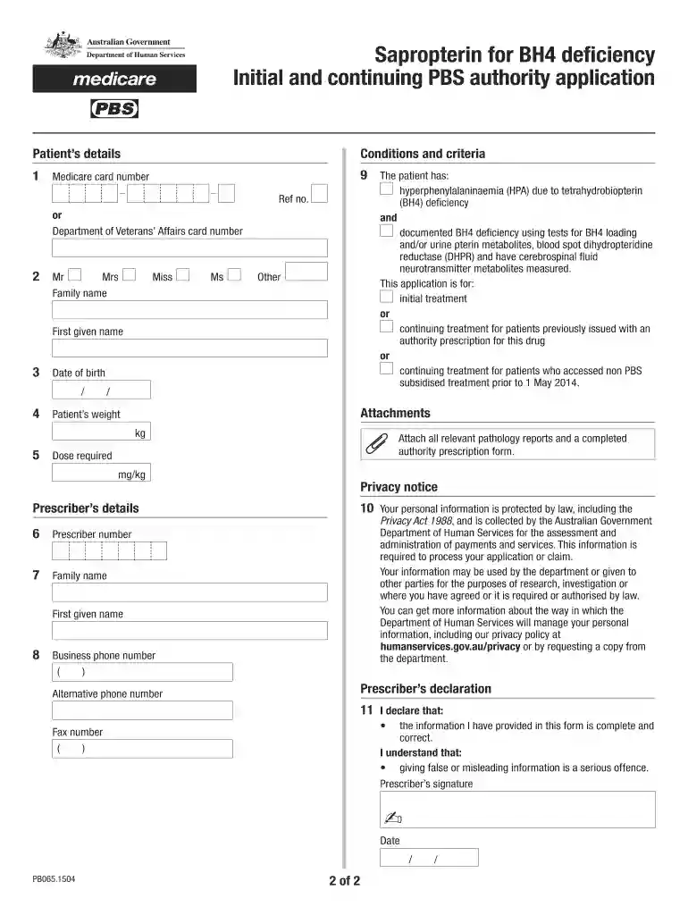 Sapropterin for BH4 deficiency Initial and continuing PBS authority application Preview on Page 1