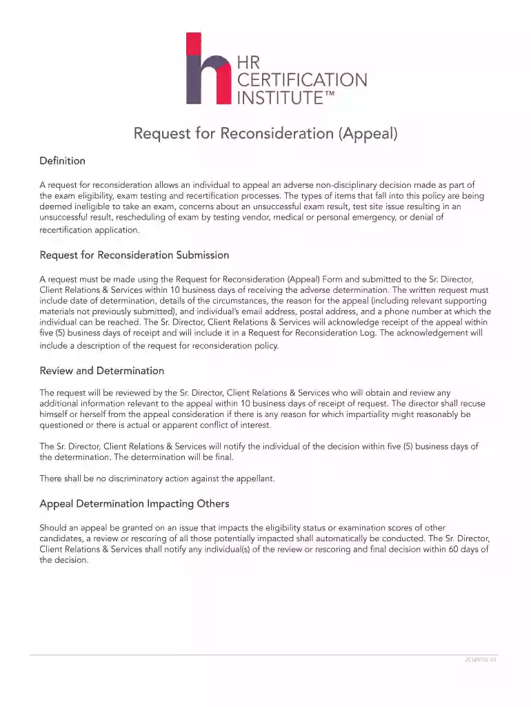 Request for Reconsideration (Appeal) - hrci.org Preview on Page 1