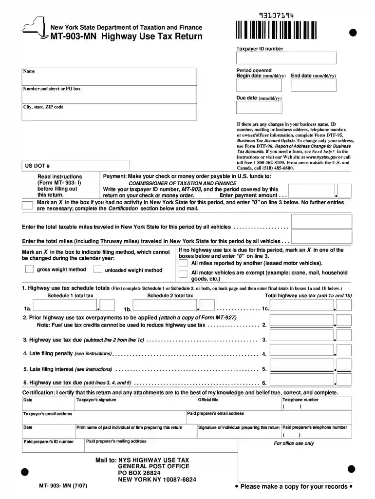 Form MT-903-MN:7 07: Highway Use Tax Return, MT903MN Preview on Page 1