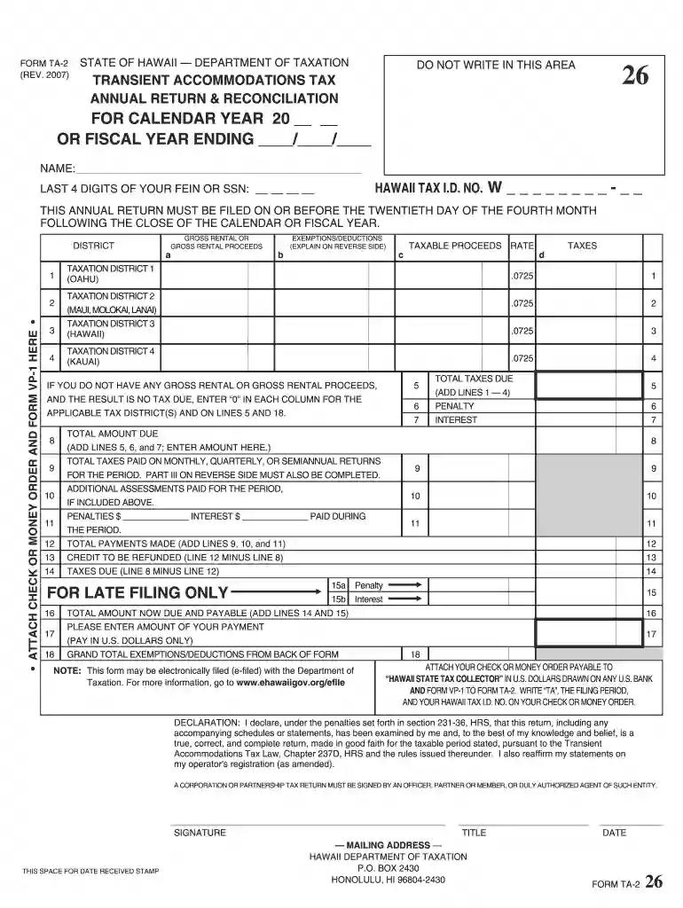 Form TA-2, Rev. 2005, Transient Accommodations Tax Annual Return & Reconciliation. Forms 2005 Preview on Page 1
