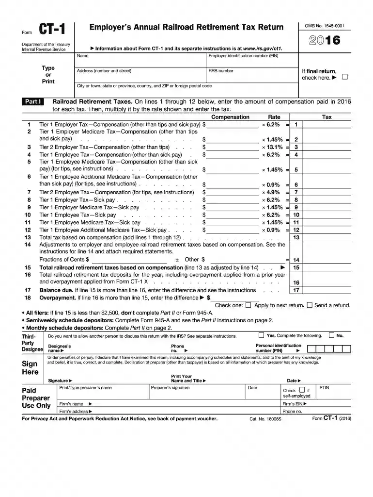 2016 Form CT-1 Employer's Annual Railroad Retirement Tax Return Preview on Page 1