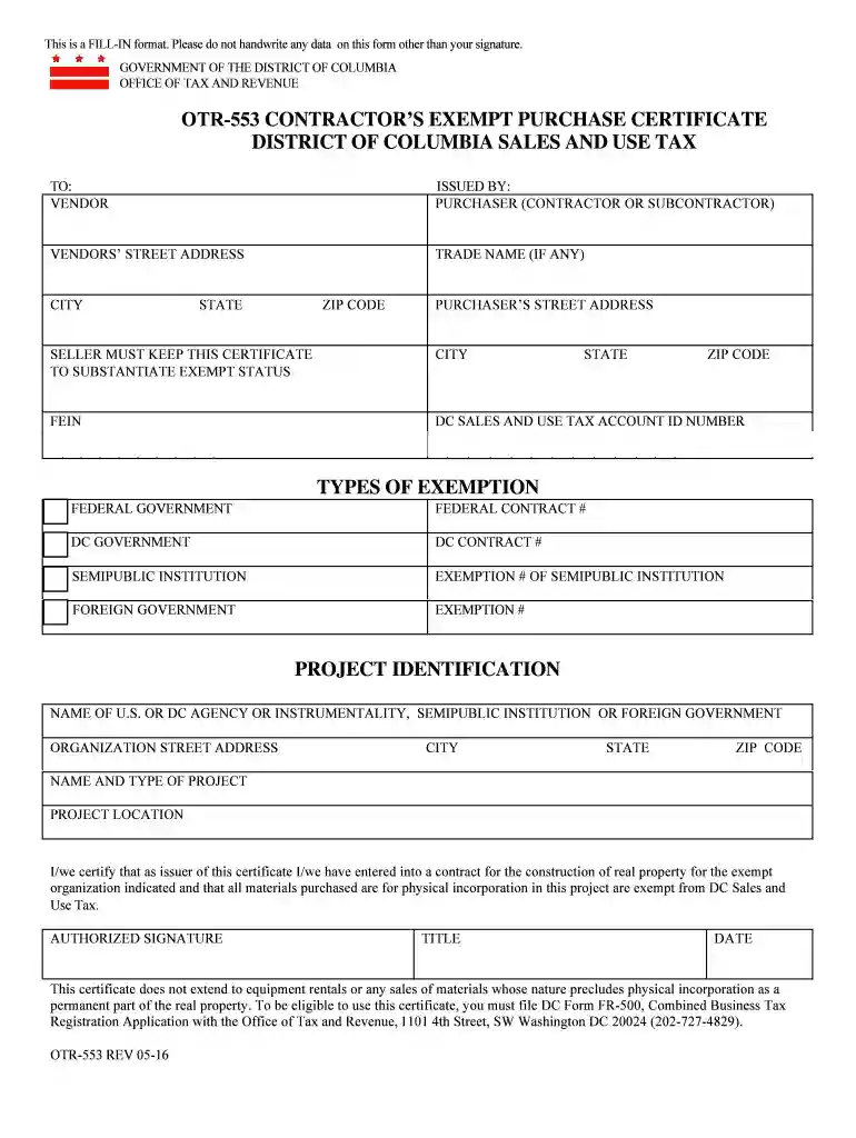 tax exempt form for washington dc Preview on Page 1