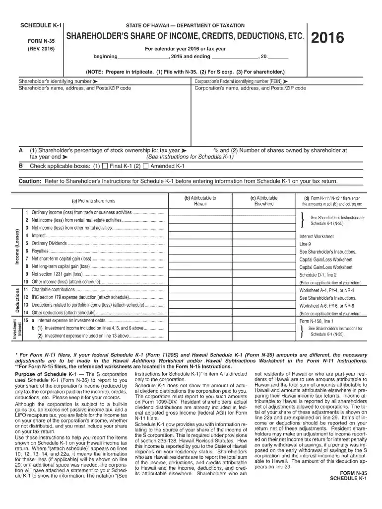 Schedule K-1 Form N-35 Rev 2016 Shareholder's Share of Income, Credits, Deductions, Etc Forms 2016 Preview on Page 1